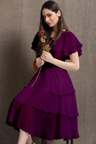 Image of Women Layered Georgette Fit & Flare Midi Dress | Round Neck Flutter Sleeve Knee Length Dress | Tiered Party Dress for Women Evening and Casual Styling