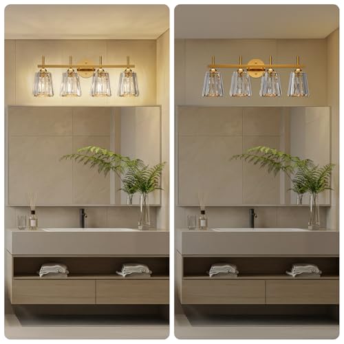 Image of Crystal Bathroom Light Fixtures Over Mirror, Gold 4-Light Bathroom Vanity Lights Over Mirror Modern Wall Lighting Sconces with Ceramic E26 Base (Bulbs Not Include)