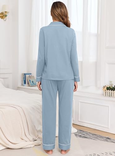 Image of Veseacky 100% Cotton Women's Pajama Set Long Sleeve Button Down Sleepwear Soft Pjs Lounge Sets Nightwear Pjs XS-XXL
