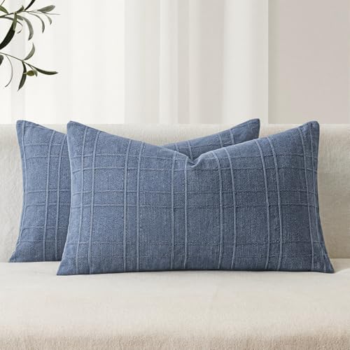 Image of MIULEE Decorative Linen Check Lumar Throw Pillow Covers Neutral Farmhouse Vintage Pillow Covers 12x20 Set of 2 Boho Modern Home Decor for Sofa Couch Bedroom Cushion Blue