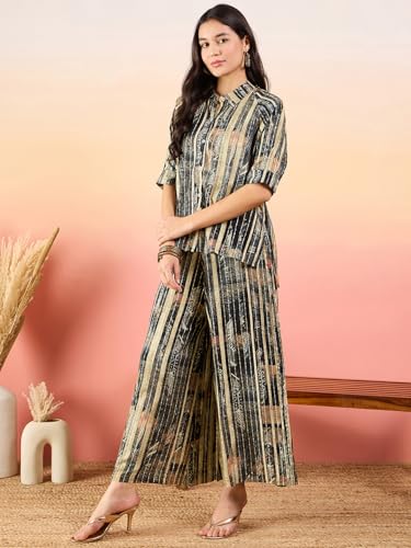 Image of Modeve Women Shirt Palazzo Foil Print Co-Ord Set