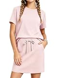 XMWEALTHY Girls Clothes Summer Fashion Outfits Pullover Tops and Drawstring Skirts with Built-in Shorts Kids Activewear Light Pink 9-10Y