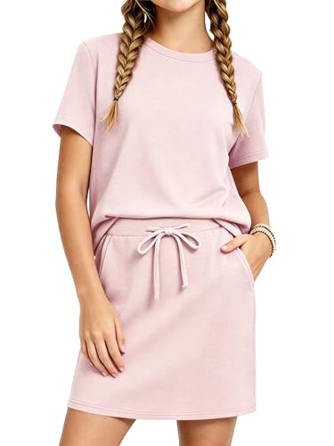 XMWEALTHY Girls Clothes Spring Summer Outfits Straight-shoulder T-Shirt and Drawstring Skirt Sets Kids 2 Piece Outfits Light Pink 7-8Y