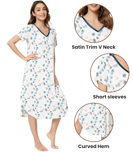Image of NACHILA Nightgowns for Women-Viscose Made from Bamboo, V Neck Sleepshirts Short Sleeve Sleepwear Cool Nightshirt