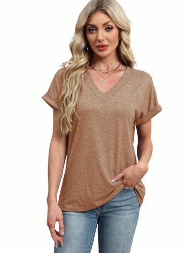 Image of T Shirts Short Sleeve V Neck Tees Womens Tops Beach Vacation Fashion Clothes 2026 Casual Summer Spring Fall Outfits