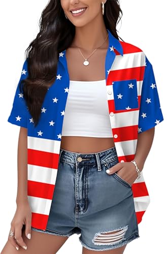 Image of Ithalt 4th of July Hawaiian Shirts Women American Flag Patriotic Short Sleeve Button Down Outfits Summer Vacation Tops