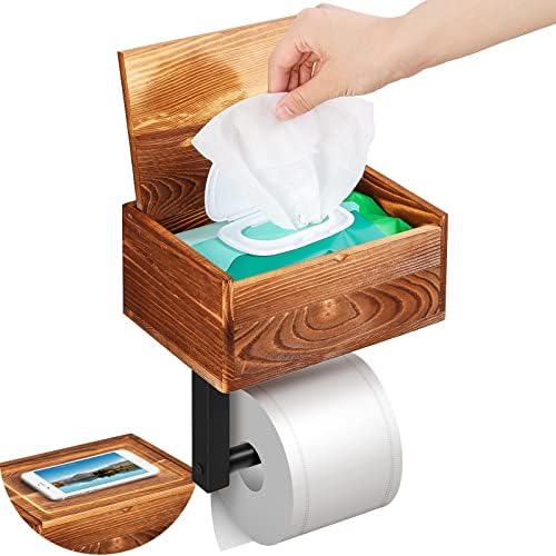 VITVITI Toilet Paper Holder with Shelf and Storage, Flushable Wipes Dispenser for Bathroom, Farmhouse Toilet Paper Holder Wall Mounted, Toilet Roll Holder with Phone Shelf, Rustic Pine Wood