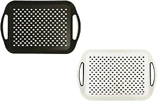 2X Set of Anti-Slip Rectangular Non-Slip Top and Bottom Plastic Dinner/ Drinks Serving Tray with High Grip Rubber Surface, Easy Grip Handles, Black & White.
