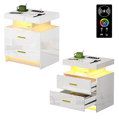 HNEBC Night Stands Set 2 with Charging Station for Bedroom, Auto LED Nightstand with Wireless/USB Port, Modern Bedside Tables has 24-Color Lights, Side Tables with 2 Drawer,White
