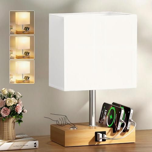PreeOtti White Table Lamp, Touch Lamps Bedside with 2 Phone Slots, Wood Charger Organizer for Bedroom, Living Room, Office (Bulb Included)