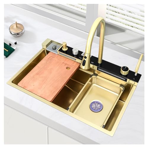 NDRFAWY ゴールドナノキッチンウォーターフォールシンク シングルボウル ステンレススチールシンク 多機能一体型蛇口付き