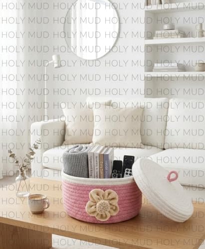 Image of Round Cotton Storage With Lid Gift Basket for Closet Wardrobe Packing, Wedding Organizer, Eco- Friendly Bins Organizer (Pink and White) for Home, Office with Handcrafted Jute Flower.
