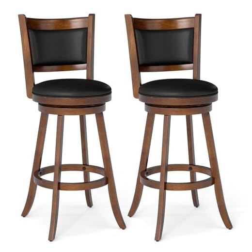 COSTWAY Bar Stools Set of 2, 360 Degree Swivel, Accent Wooden Swivel Seat Bar Height Stool, Leather Upholstered Design, PVC Cushioned Seat, Perfect for Dining and Living Room (Height 29")