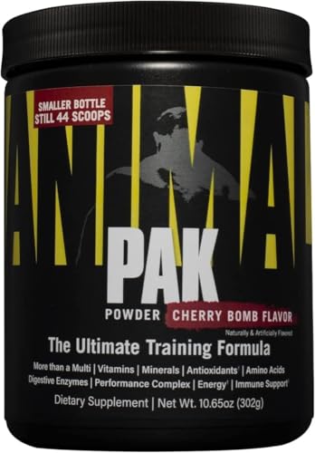 Universal Nutrition ANIMAL Pak Powder (Cherry) Complejo multivitamínico para entrenamiento con vitaminas, minerales y aminoácidos, enzimas que apoyan el suministro de nutrientes y el sistema