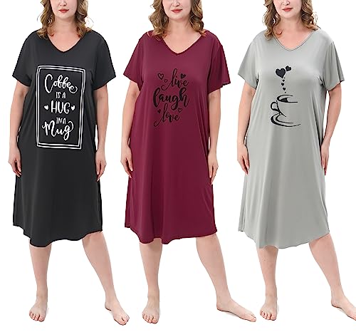 FEREMO 3 Pack Plus Size Women's Nightgown Soft Print Nightshirts for Women Short Sleeve Sleepwear (Set4,4X)