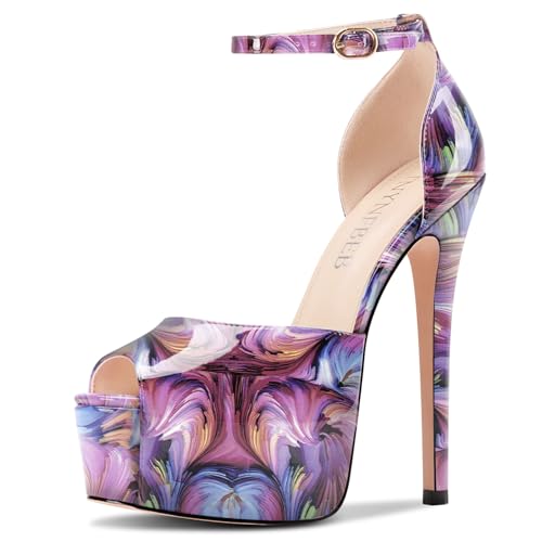 Image of TNYNFBEB Womens Stiletto High Platform Heel Peep Open Toe Sandals Ankle Strap Buckle Prom Party Dress Patent Leather 6.1 Inches Heels