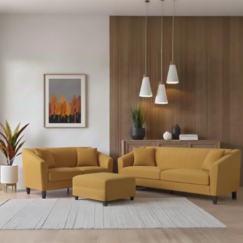 Image of Avion Natalia 3+2 Seater Sofa Set with Ottoman for Living Room Yellow | Modern 6 Person Sofas Furniture | Fabric Sofa Set 6 Seater Couch for Guests Room Festival Gifts