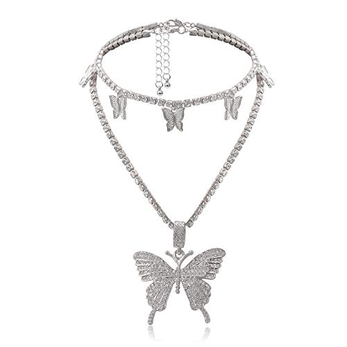 Cinsionze Big Butterfly Pendant Necklace Tennis Link Choker Rhinestone Cubic Zircon Embedded Cuban Chains Necklace Dual Layers Valentine Gifts for Women Girls (Butterfly-White)