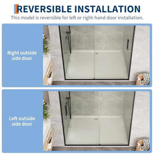 Image of 56-60 inch W x 72 inch H Fully Framed Sliding Shower Door, 1 /4 inch (6mm) SGCC Tempered Glass with Matte Black Aluminum Alloy Frame, Reversible Installation & Stainless Steel Handle, Bypass Bathroom Door