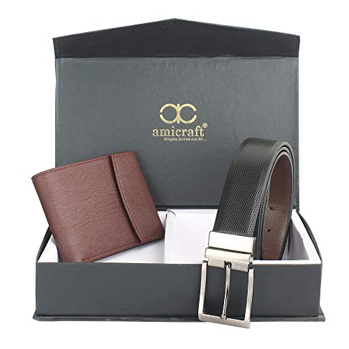 Image of Amicraft Faux Leather Men's Wallet & Belt Combo Set Black Brown Reversible Gift set