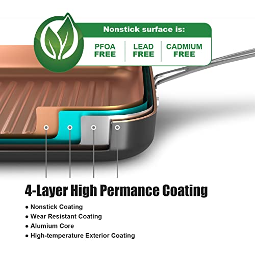 Love Pan 10 Inch Copper Grill Pan For Stove Tops-Non-Stick Oven Suitable Griddle Pan-Deep Square Frying Pan With Stay-Cool Stainless Steel Handle #TOP2