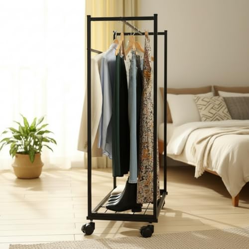 Image of RIZIK STORE Heavy-Duty Metal Garment Rack with Wheels & Bottom Shelf | Clothes Organizer, Storage Shelf | Anti-Rust Iron Clothing Stand for Bedroom, Entryway & Living Room (Black)