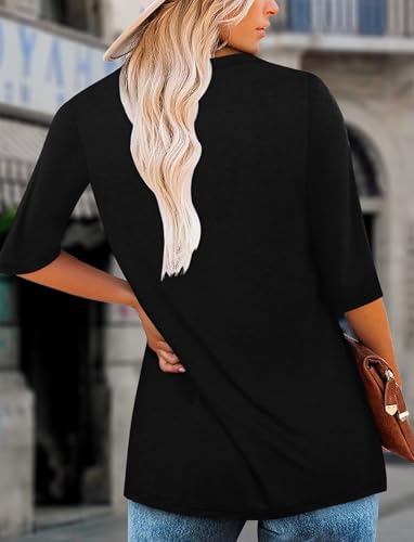 KISSMODA Tunic Tops for Women Loose Fit Dressy Round Neck Pleated 3/4 Length Sleeve Spring Tops