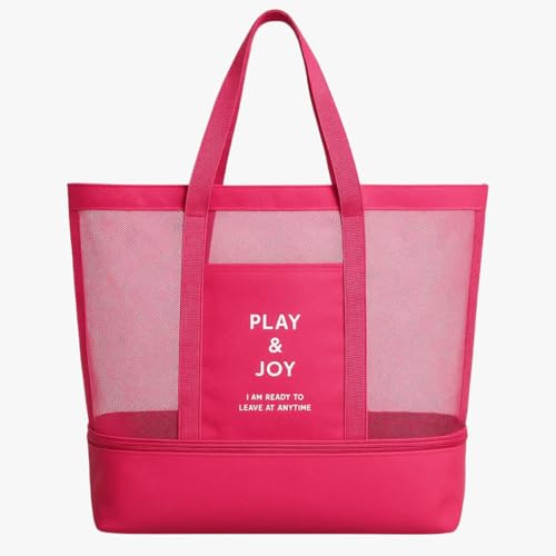 Bolsa de Praia com Rede Resistente à Água Compartimento Térmico de Comidas e Bebidas Frescas Casa Buritis (Rosa)