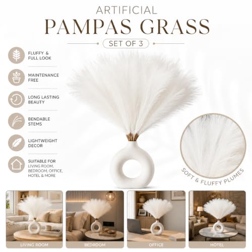 Image of Artificial Pampas Grass Set of 3 for Home Decor, Faux Fluffy Dried Flower Stems for Vase Decoration, Boho Table Centerpiece, Artificial Flowers for Living Room Bedroom Office Decor. (White)