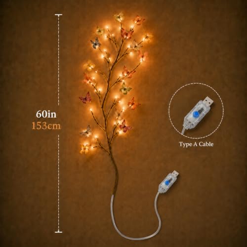 Image of One94Store Butterfly 72 LED's Vine Wall Light | USB Powered Flexible Branch with Warm White Fairy Lights | Remote Control, 8 Lighting Modes & Brightness Control | Wall Decor for Bedroom & Living Room