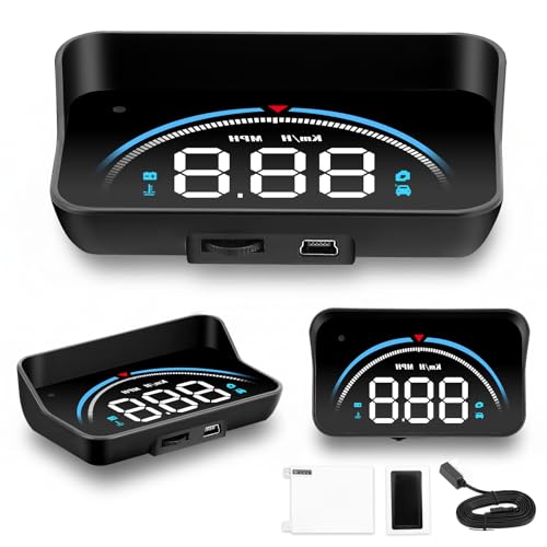 Head Up Display Auto OBD2 mit Geschwindigkeitsmesser Tachometer Wassertemperaturmesser Motordrehzahl Sicherheitsalarme, High Definition HUD Windschutzscheibenprojektor, Plug and Play