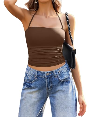 Image of Avidlove Halter Tops for Women Going Out Double Lined Sexy Crop Tank Top Ruched Slim Fit Cami Y2K Outfits Womens Summer Tops