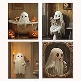 Vintage Farmhouse Halloween Ghost Bathroom Canvas Wall Art Prints Set of 4, Funny Halloween Pumpkin Cute Ghost Toilet Posters Pictures Wall Decor for Bathroom Washroom Dorm, 8x10 Unframed