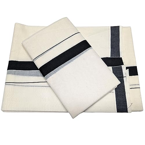 Image of MAT Kuthampully Kerela Onam Kasavu Kattikara Cotton Set Mundu Saree For Women with 1 inch Border and Kuri | 2.50 Meters Shawl