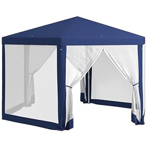 Outsunny Tuinpaviljoen, 3 x 3,4 m, zeshoekig, partytent met zijwanden van mesh, 2 deuren, tuinpaviljoen voor camping, festival, strand, blauw