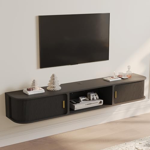 POVISON Mid-Century Modern Floating TV Stand with Sliding Tambour Doors, Fully-Assembled Wall Mounted Media Console for Living Room, Entertainment Center with Open Storage for 75 Inch TV