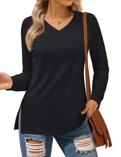 YUCOLEN Tunic Tops for Women Long Sleeve Shirts Loose Fit V Neck Side Split Basic Casual Blouses to Wear with Legging