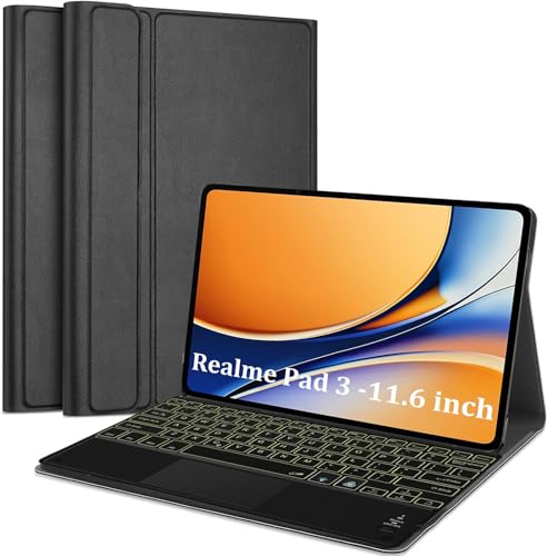 Image of HOM Tri-Fold 7-Colour Backlight Detachable Wireless Bluetooth Keyboard with Trackpad /Touchpad Tablet Cover Case for Realme Pad 3 11.61 inch
