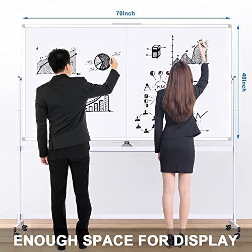 Double Sided Rolling Whiteboard, 72 x 40 Large White Board with Stands, 360° Reversible Magnetic Dry Erase Board on Wheels for School, Classroom, Office