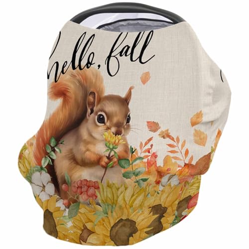 Nursing Cover for Breastfeeding Scarf, Fall Hand Drawn Squirrel Flowers Sunflower Baby Car Covers Super Soft Multi Use for Canopy Shopping Cart Cover Blanket Stroller Cover