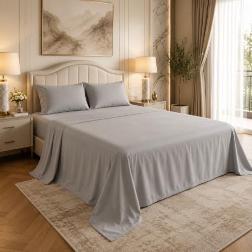 Image of LINENWALAS 100% Cotton Bedsheet with Pillow Cover for Double Size Bed, Natural Soft 400tc Long Staple Imported Egyptian Cotton Premium Oeko-Tex Certified Bed Sheet (90 inch x 100 inch, Silver Grey)