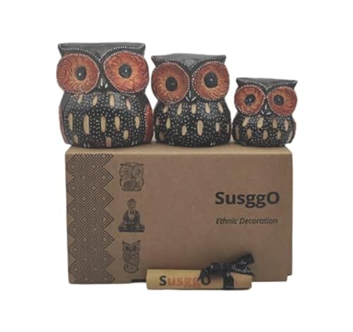 SusggO Set of 3 Wooden Owls, Decoration, Hand-Carved, Lucky Owl, Craft Idea, Furniture Ornament (Chocolate Brown, NAR, Model 1)