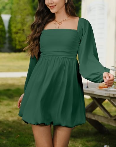 Image of HYPERFIRE Women's Square Neck Long Sleeve Bubble Mini Dress Pleated Smocked A Line Wedding Dresses