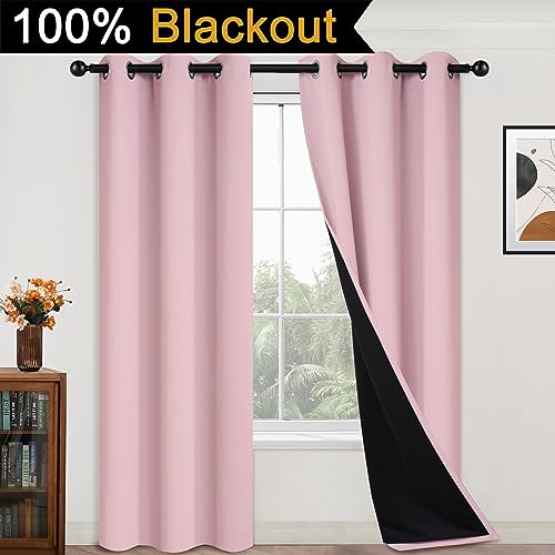 Image of Yakamok Pink 100% Blackout Curtains 84 Inches Long for Bedroom 42 inch Wide | Blackout Curtain Panels for Bedroom, 2 Thick Layers Grommet Top Thermal Insulated Drapes with Black Liner for Living Room