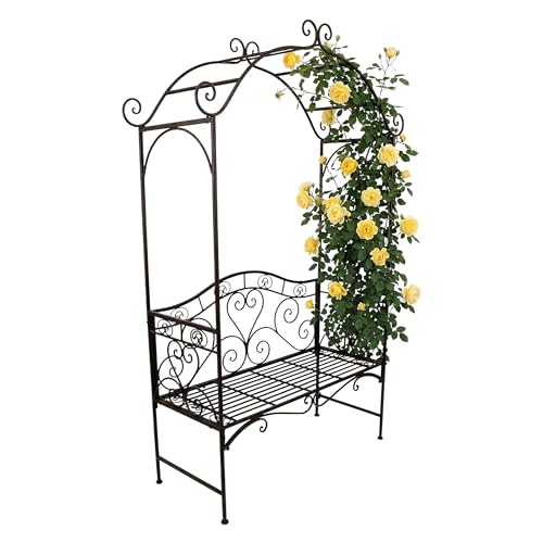 Banc de jardin en métal 2 places noir avec arche de roses – 200 x 124 cm – Banc en fer résistant aux intempéries jusqu'à 150 kg avec treillis – Banc...