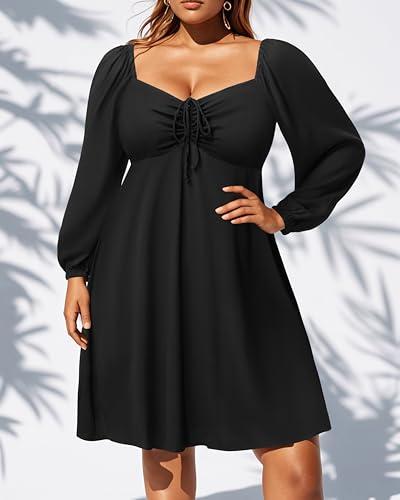 Image of Pinup Fashion Women Plus Size Casual Puff Sleeve Summer Sundress Smocked Short A Line Babydoll Cute Mini Dresses