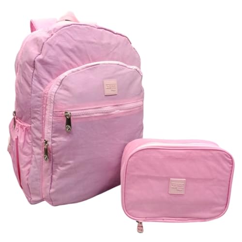Kit Mochila de Costas e Estojo Box Organizador Crinkle Feminino Fashion Escolar Faculdade (Rosa)