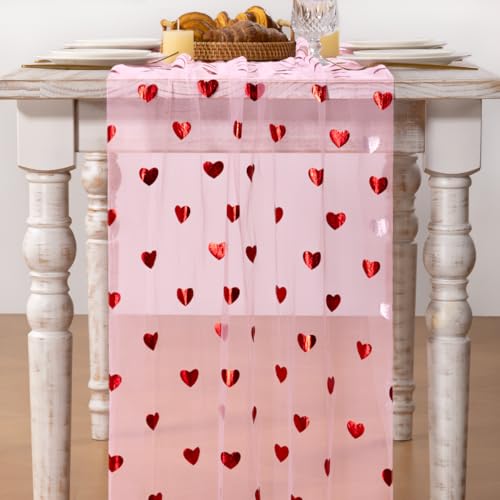 Image of MLMC Pink Heart Gauze Table Runner Glitter Valentine's Day Table Runner 120 Inch 10 FT Sheer Metallic Foil Seasonal Centerpiece for Wedding Anniversary Home Party Table Decor