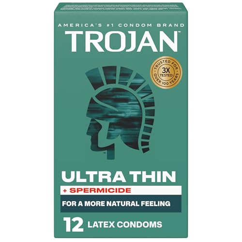 Trojan Ultra Thin Plus Spermicide Latex Lubricated Condoms for Men, Thin Condoms for a More Natural Feeling, Helps Reduce Risk of Pregnancy and Sexually Transmitted Infections (STIs), 12 Count