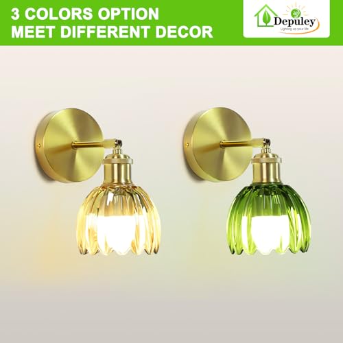Image of Depuley Wall Sconces Battery Operated: Set of 2 Wireless Wall Lights with Tulip Glass Lampshade for Bedroom - Rechargeable 15 Colors Wall Lamp for Living Room Doorway Home Decor - Amber